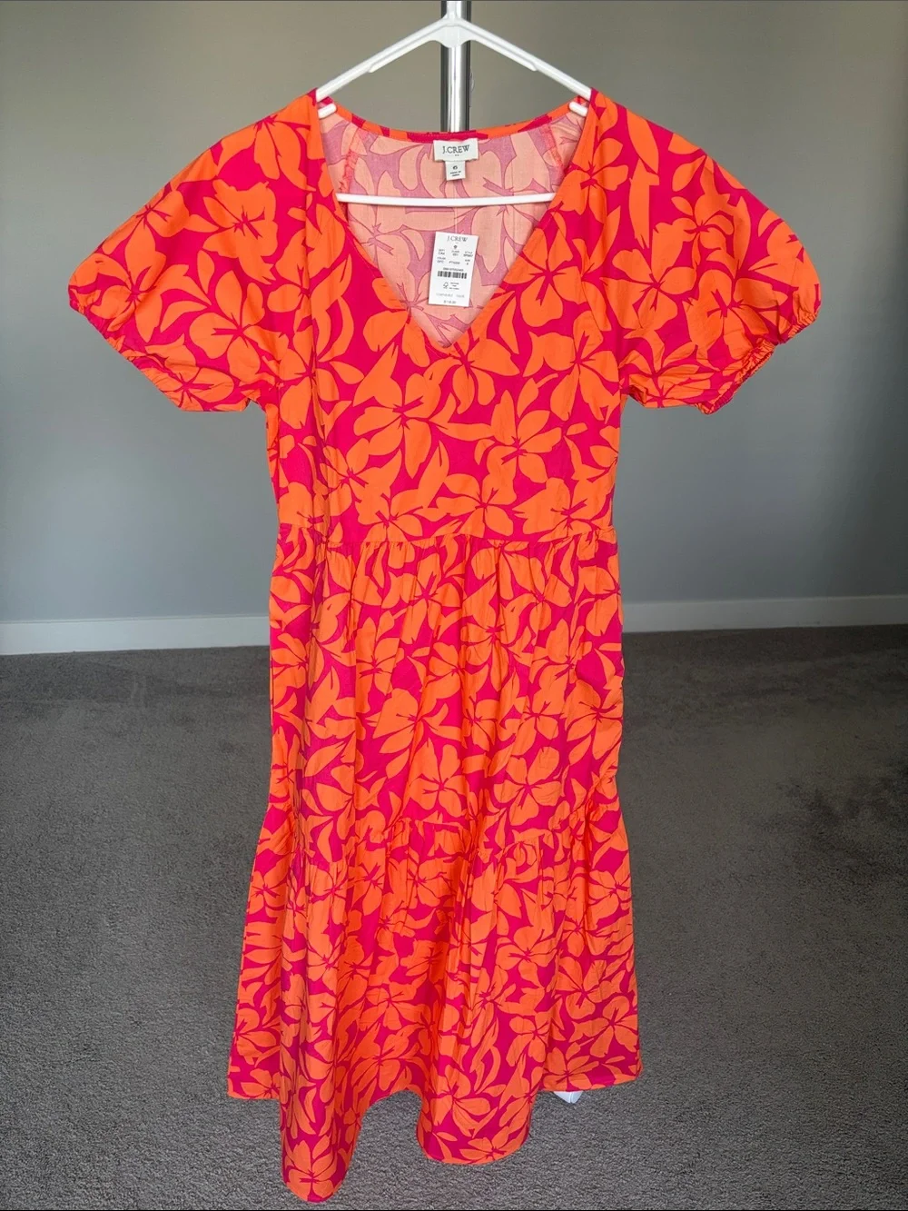 J. Crew Floral V-Neck Midi Dress in Orange & Pink